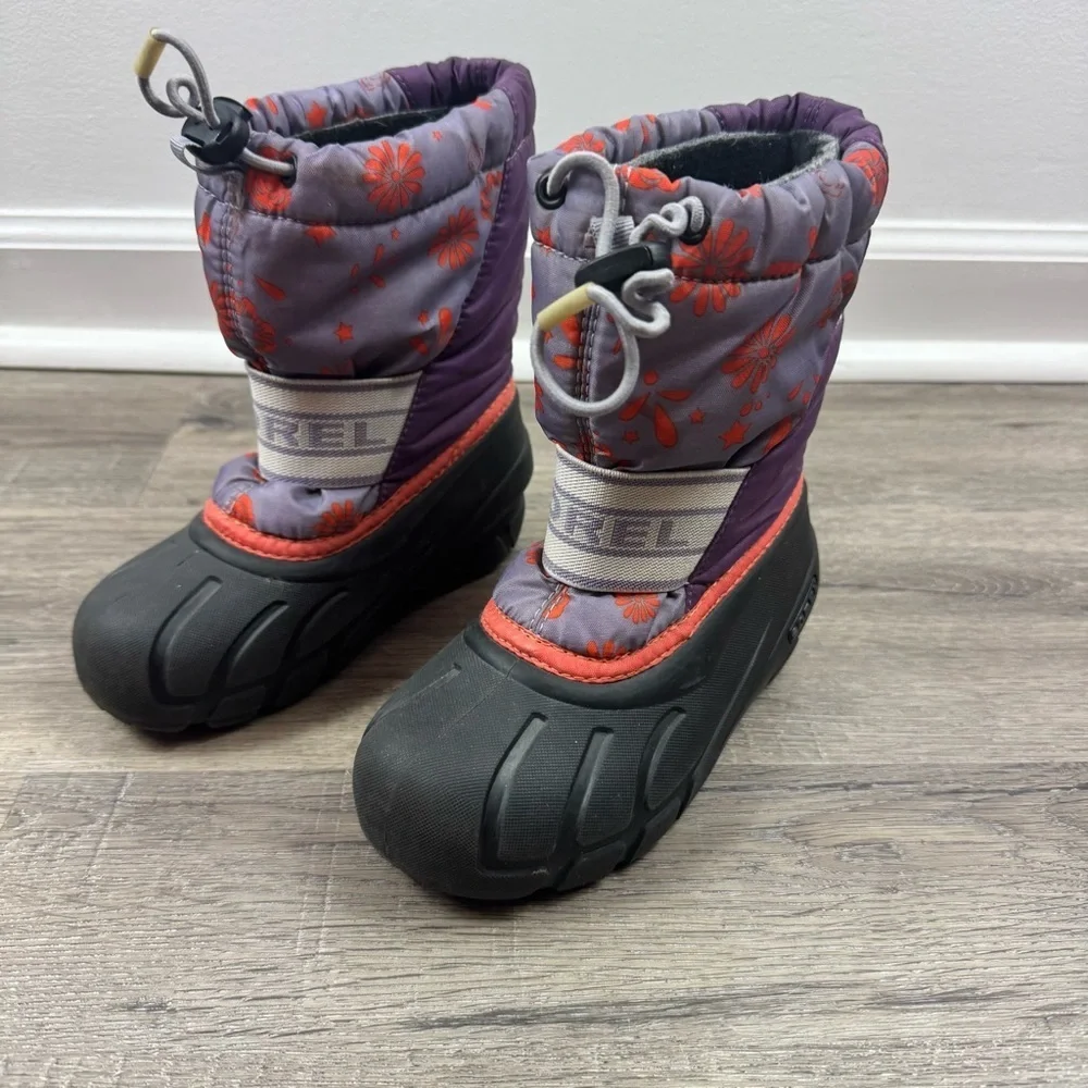 Sorel Cub Winter Boots Youth Size 12 Floral Purple & Black Pull On Waterproof
